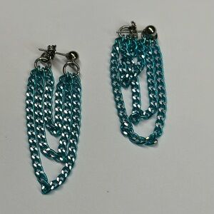 Multi chain link dangle hoop loop earrings teal blue vintage 80s